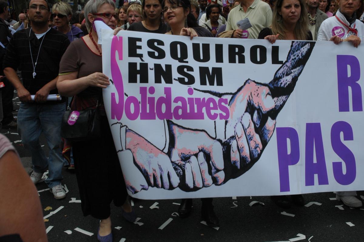 banderole sigle Solidaires, Esquirol Hôpital National de Saint Maurice,Val de Marne.