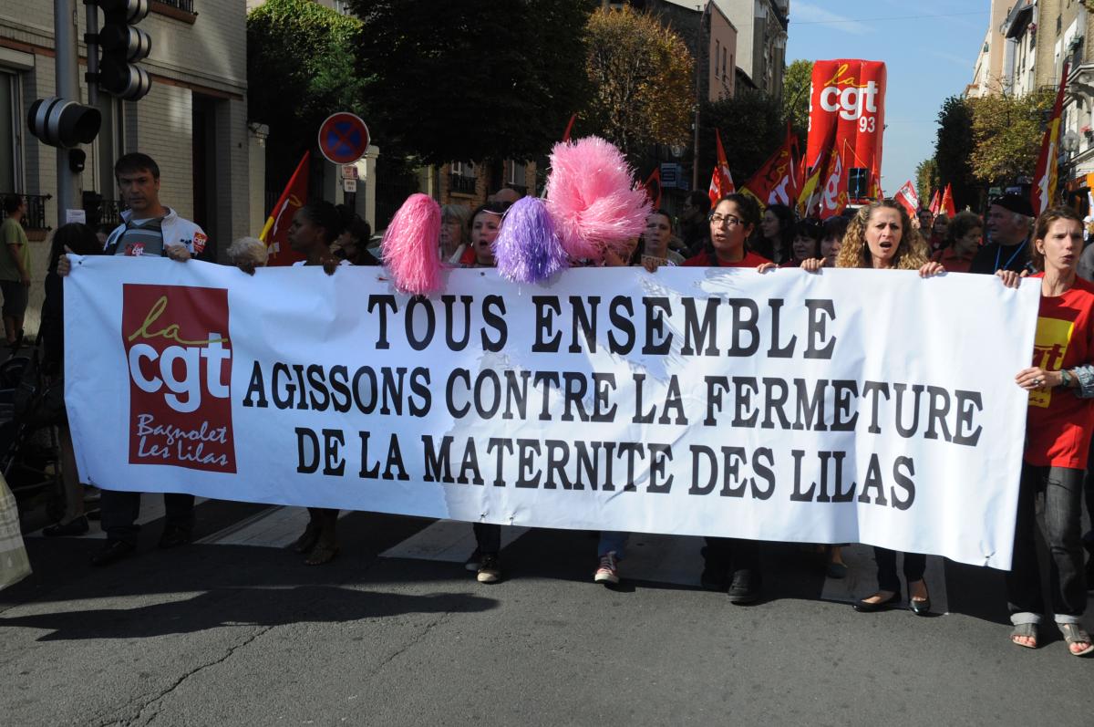 Banderole UL Cgt les Lilas- Bagnolet Tous ensemble agissons contre la fermeture de la maternité des Lilas