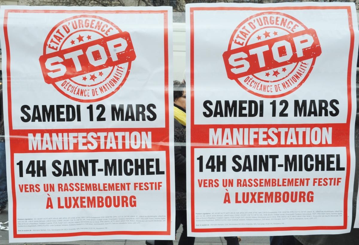 Affiche Stop Etat d'Urgence - Déchéance de Nationalité manifestation 12 Mars 2016
