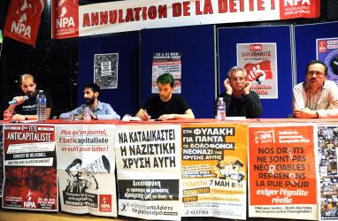 Débat situation en Grèce en présence d'Antonis Ntavalenos membre de DEA et Haris Mertis membre de l'OKDE-Spartakos