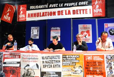 Débat situation en Grèce en présence d'Antonis Ntavalenos membre de DEA et Haris Mertis membre de l'OKDE-Spartakos