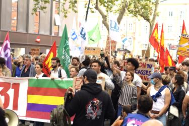 FRANCE - TOULOUSE - MANIFESTATION CONTRE LA NOMINATION DE BARNIER - DRAPEAUX DU CORTEGE DE TETE