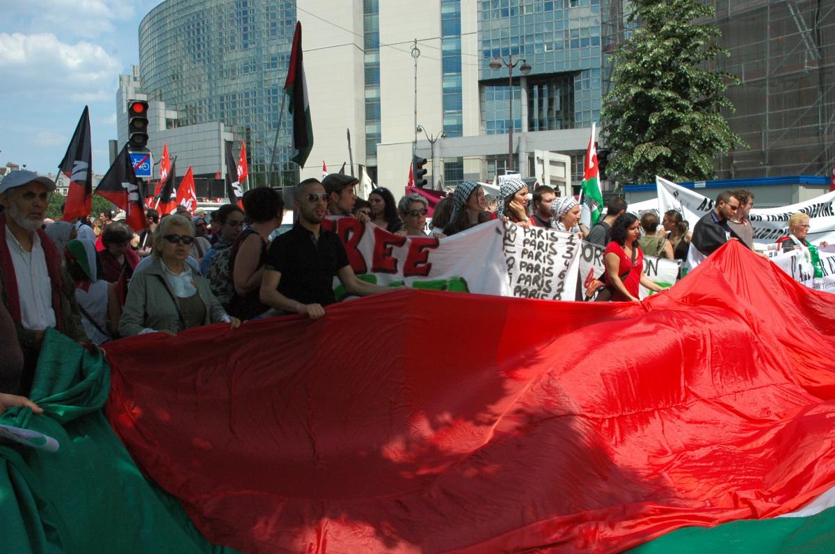 Manifestants et Drapeau Palestinien devant l'Opéra Bastille.