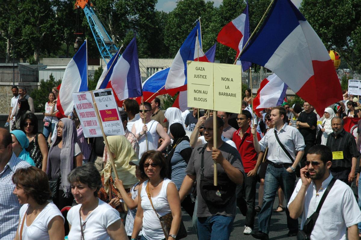 Drapeaux Français et pancartes,Gaza Justice,non au Blocus,non à la Barbarie.