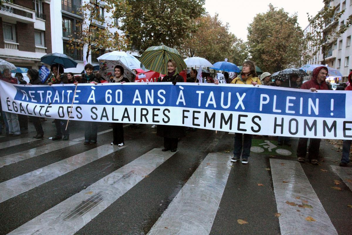 banderole retraite à 60 ans à taux plein egalité des salaires femmes hommes