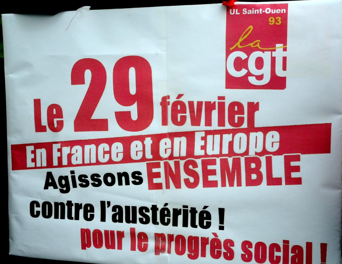 Affiche Cgt le 29 Février en France et en Europe agissons ensemble contre l'austérité! pour le progrès social!