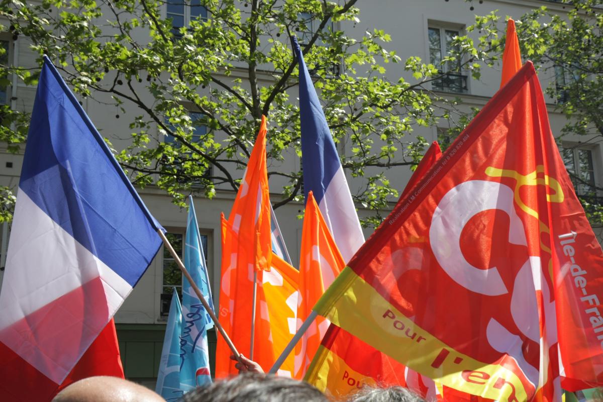 Drapeaux bleu-blanc-rouge portés par la CFDT en tête de la manifestation