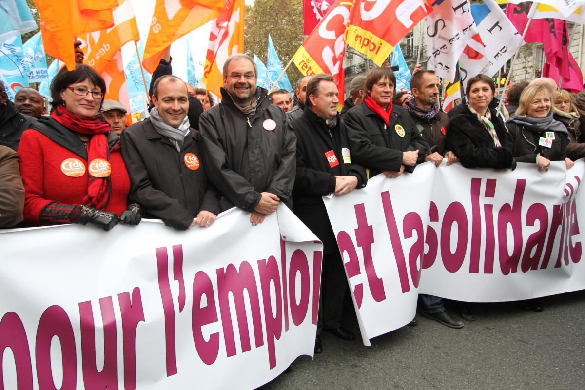 Responsables syndicaux avec la banderole de tête