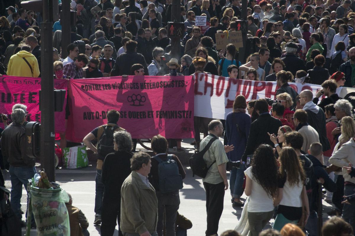 Rassemblement pour l'égalité des droits - Foule et banderoles Pink Bloc