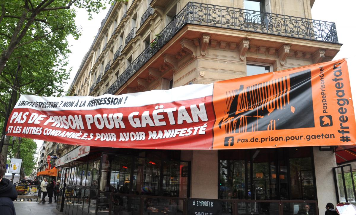 Banderole du Npa manifestation du 1er Mai Pas de prison pour Gaëtan et les autres condamnés pour avoir manifesté