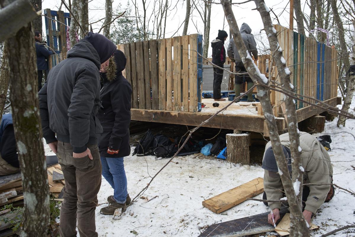 Construction de cabanes sur la Zad de Roybon.