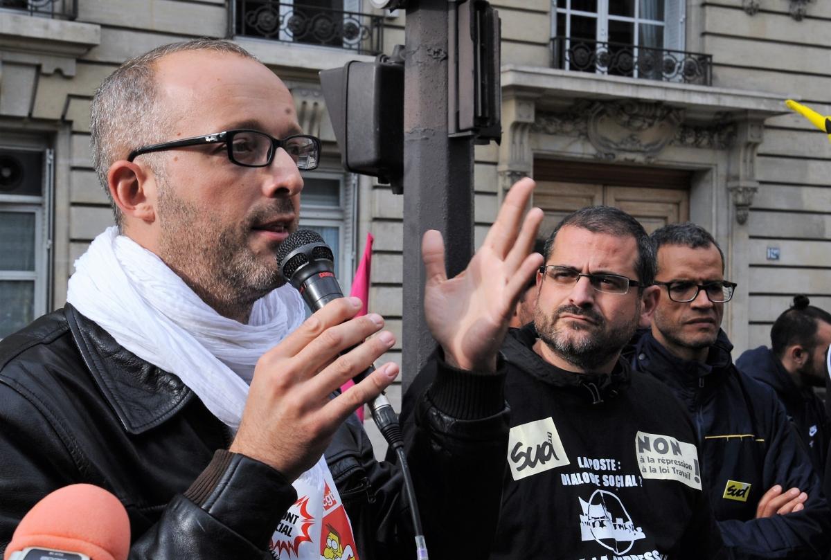 Romain Altmann secrétaire général dInfoCom CGT Front social en soutien à Gaël Quirante Ministère du Travail rue de Varenne Paris