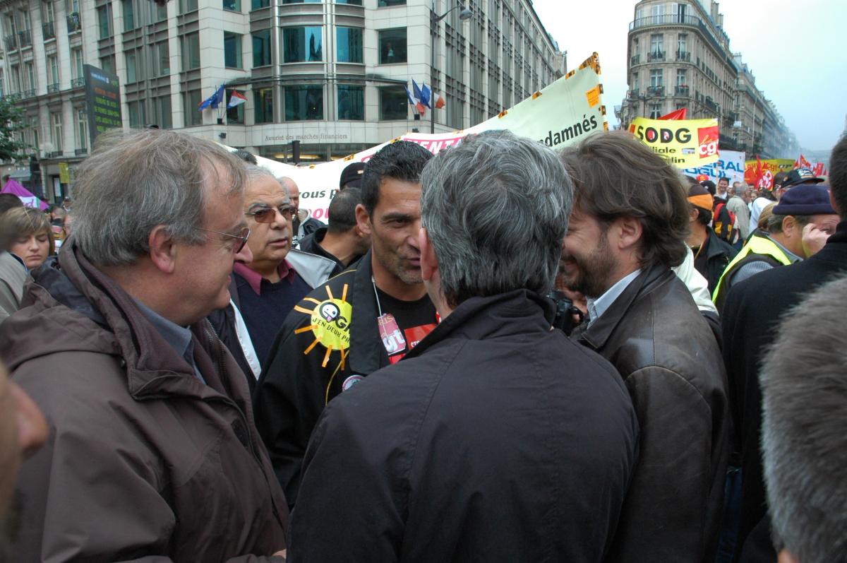 Guy DEBON,J L MELENCHON,et le délégué Cgt Xavier Mathieu des Continental