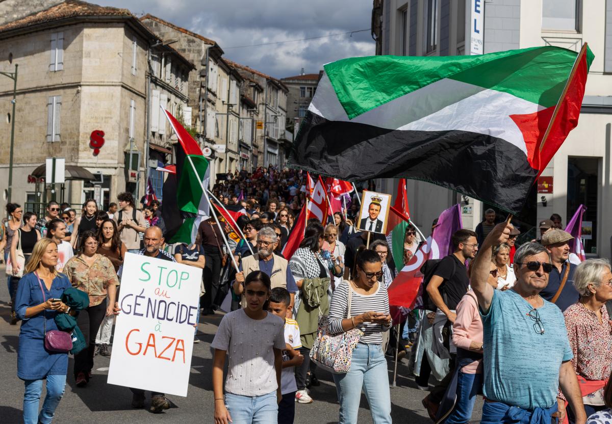 Un drapeau Palesinien brandi dans le cortege de soutien à la Palestine lors de la manifestation contre le coup de force de Macron.