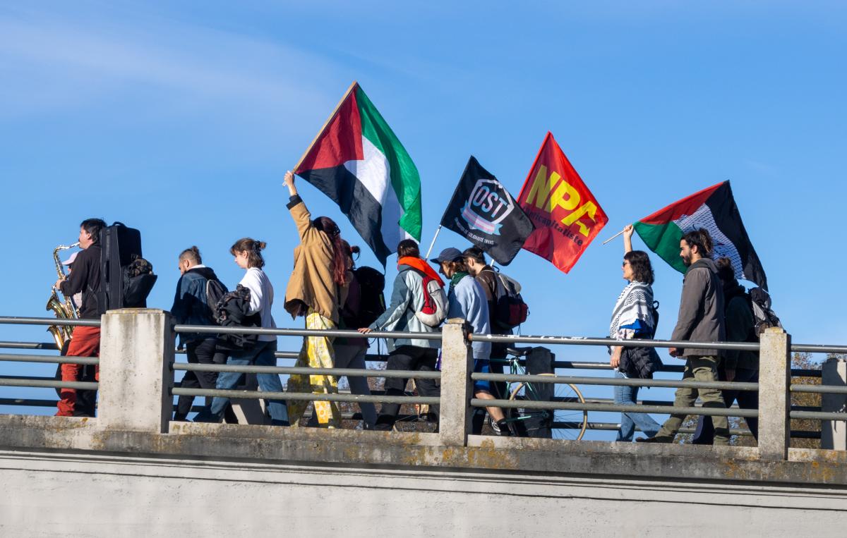 Photos de militants tenant des drapeaux marchant sur un pont